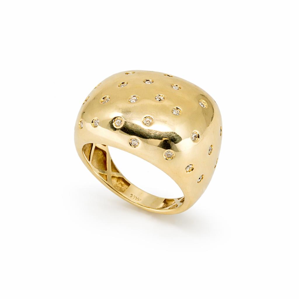 Gold ring with embedded diamonds on a white background