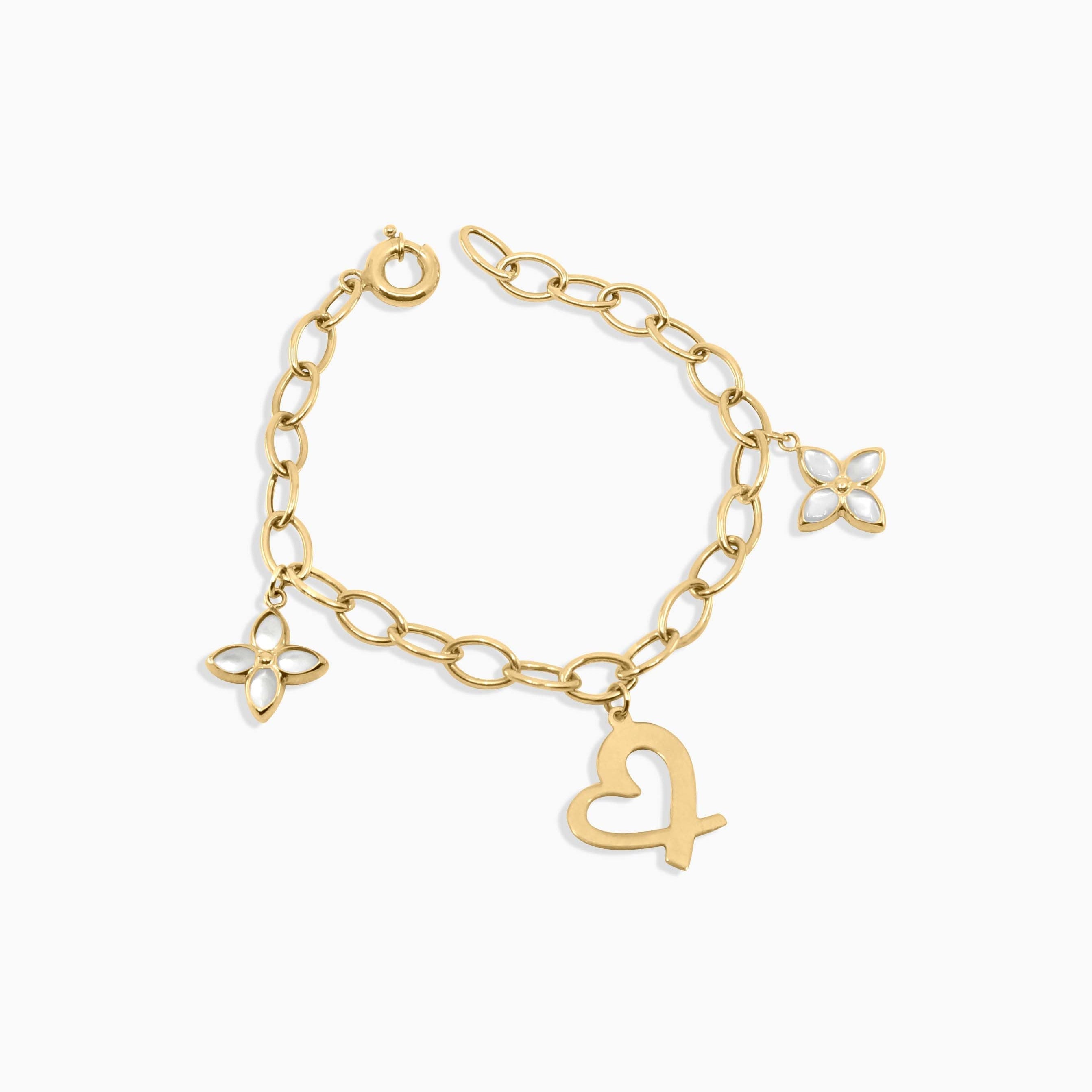 Gold bracelet with heart and butterfly charms on a white background