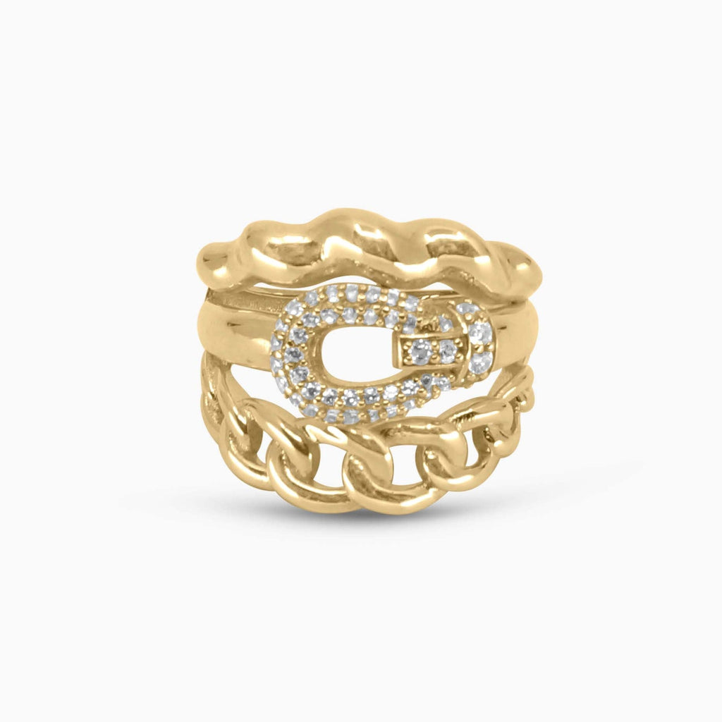 Gold ring with a chain design and small diamonds on a white background