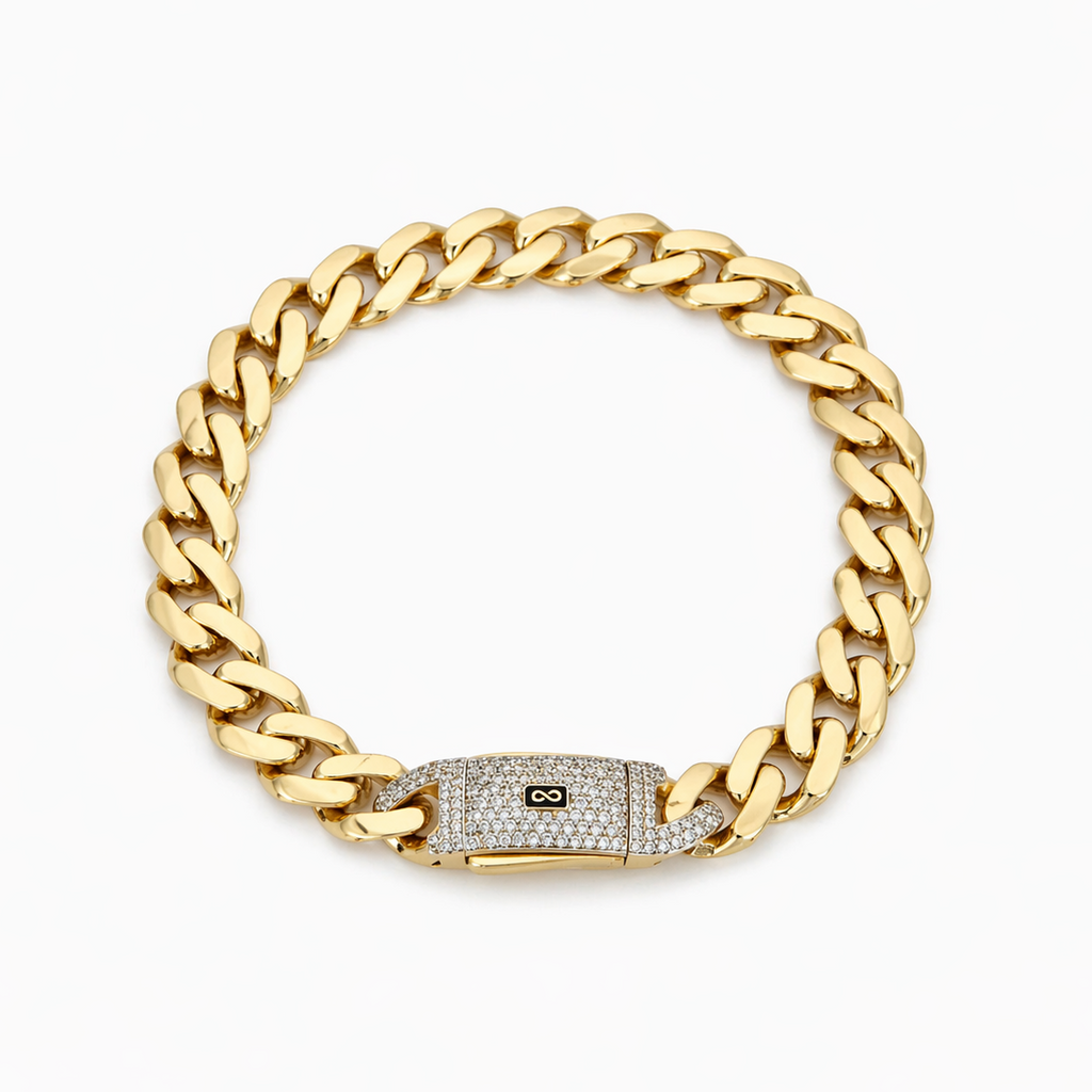 Gold chain bracelet with a clasp on a white background