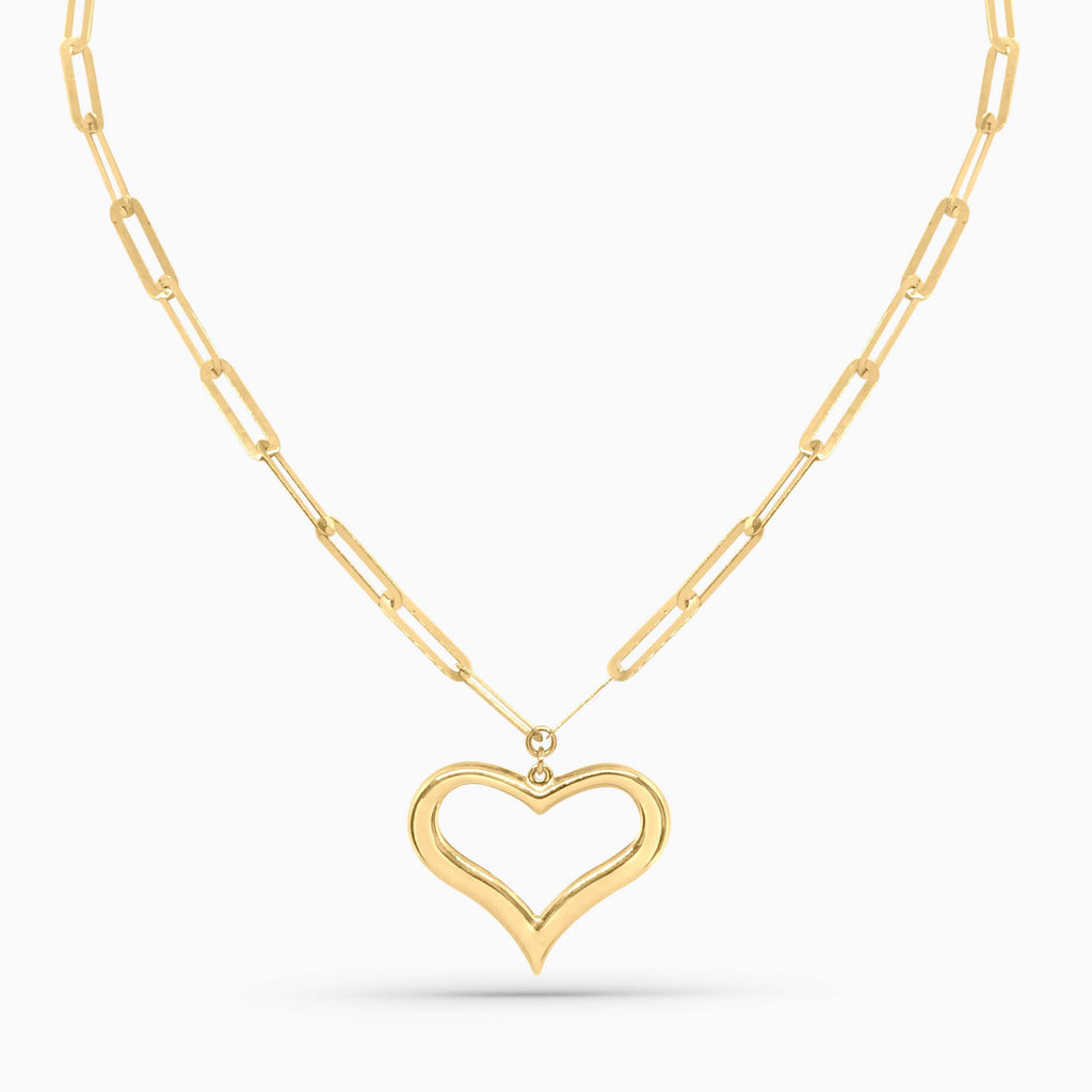 10K Gold Open Heart Pendant Paperclip Necklace