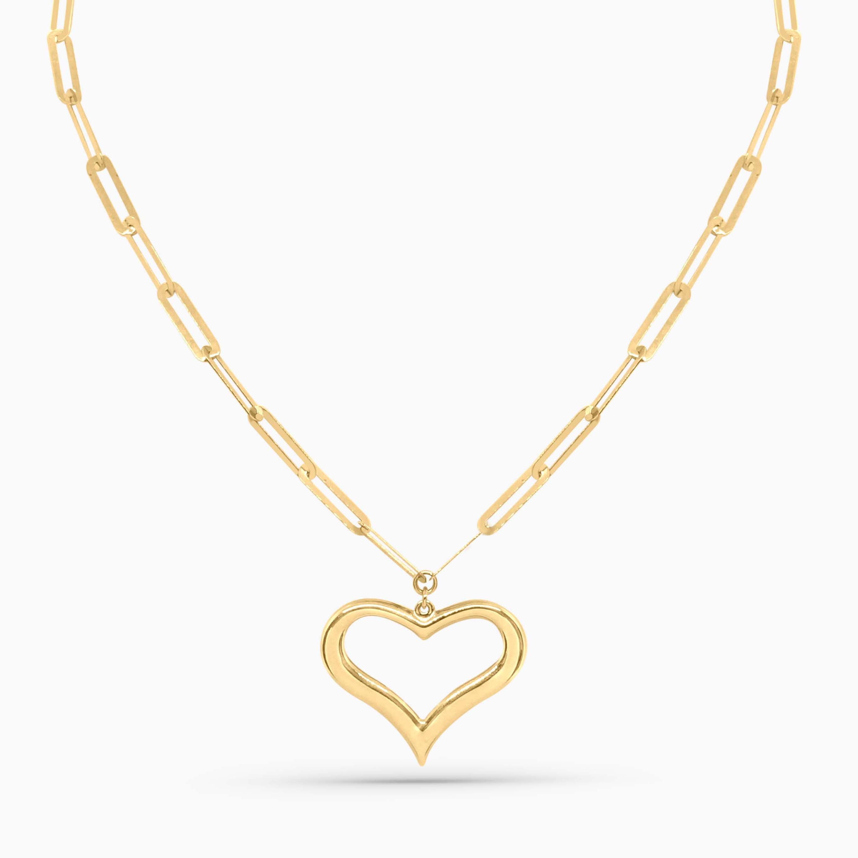 10K Gold Open Heart Pendant Paperclip Necklace