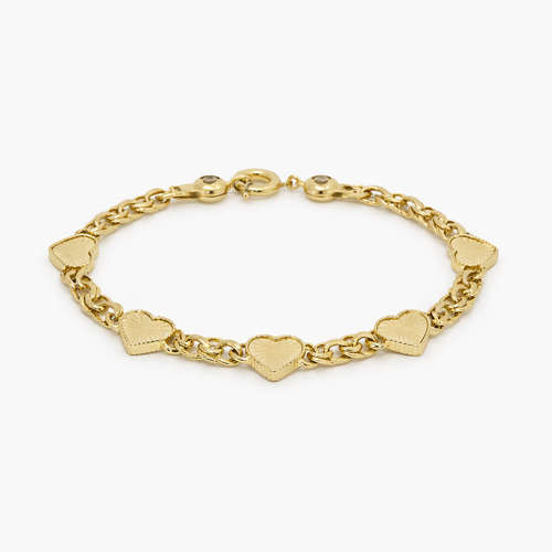 Gold bracelet with heart-shaped links on a white background