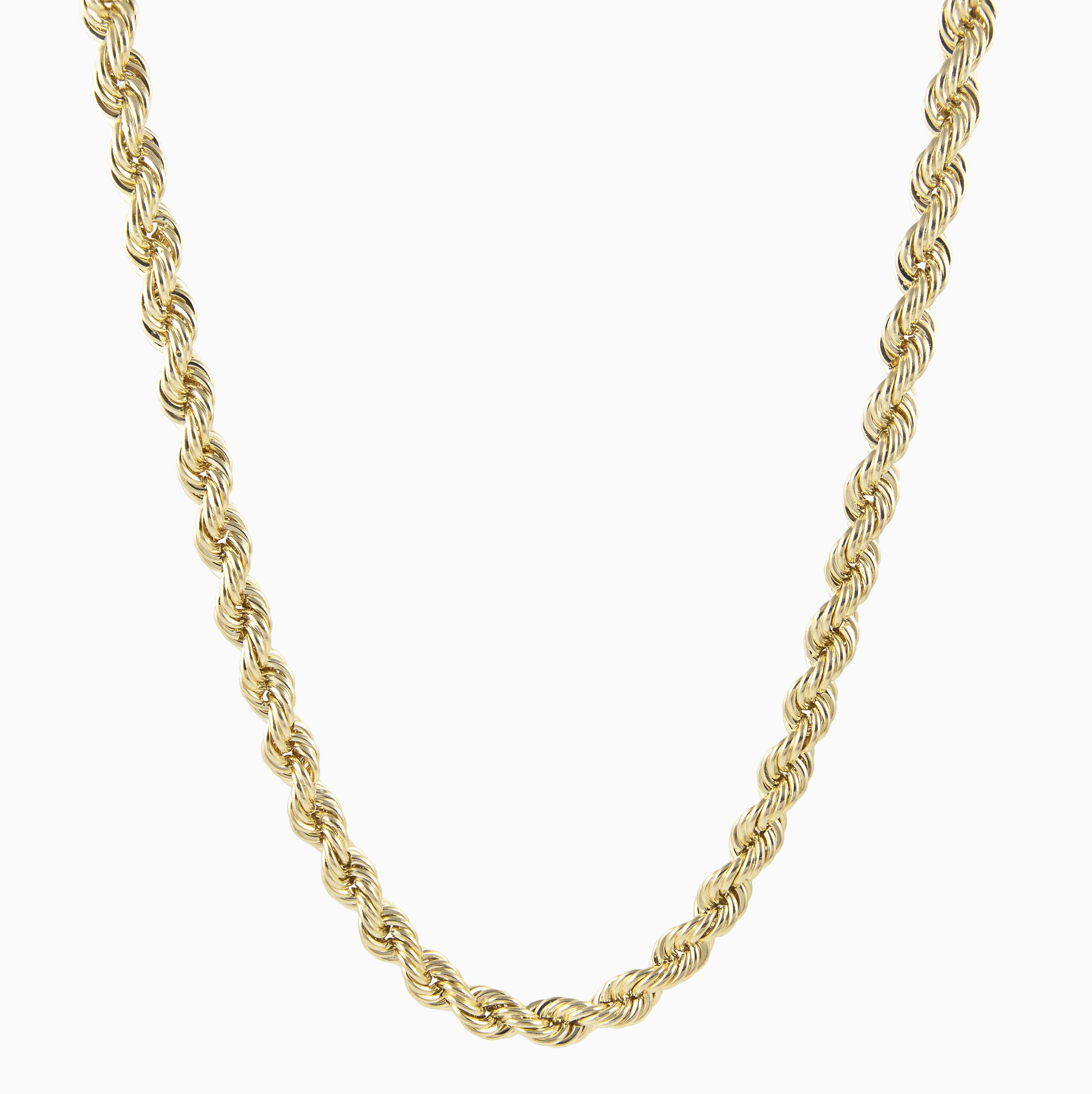Gold rope chain necklace on a white background